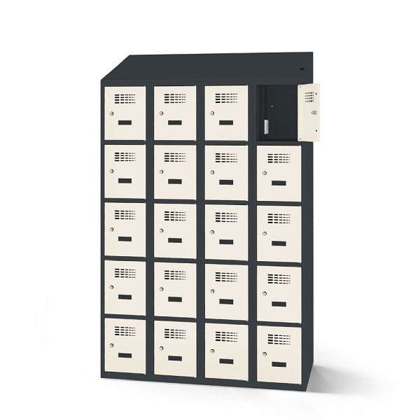 Rotstahl Fächerschrank, 20 Fächer, kurzer Sockel, mit Ladefunktion, Schrägdach, Korpus: anthrazitgrau, Türen: reinweiß, 2180-040500-1201112-7016-9010