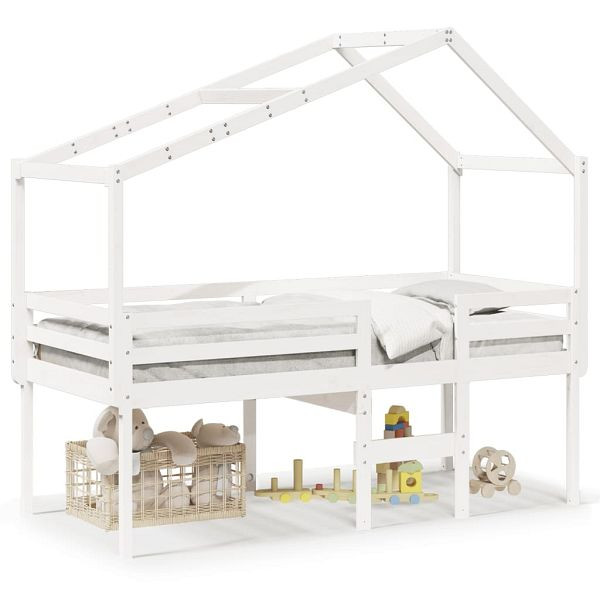 vidaXL Hochbett mit Dach Weiß 90x200 cm Massivholz Kiefer, 3282053