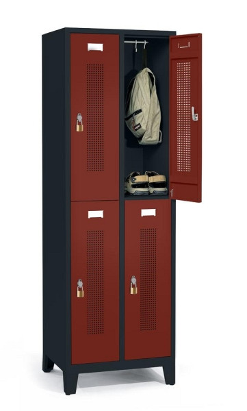 Deskin Doppelstöckiger Spind mit Füßen, Rubinrot RAL 3003, 590 x 500 x 1800 mm, 4 Abteile, Korpus: Anthrazit RAL 7021, 346924