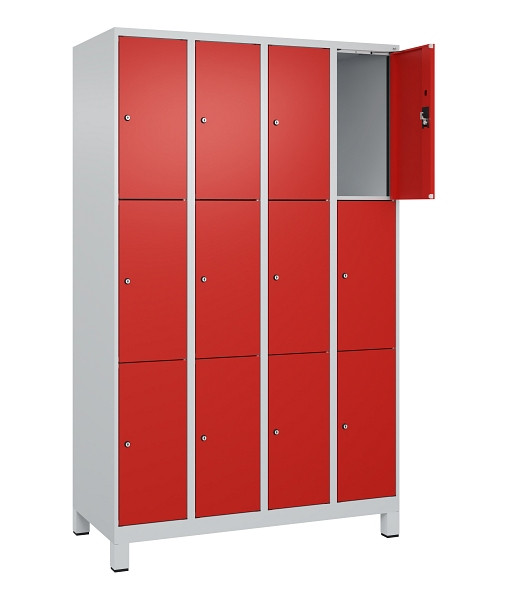 C+P Schließfachschrank Evolo PLUS, mit Füßen, 12 Fächer, 1950x1200x500mm, 7035/3020 Verkehrsrot, Abteile 4, Abteilbreite 300 mm, 049010-403 S10005