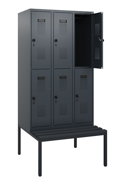 C+P Doppelstöckiger Spind Evolo PLUS, Bank, 6 Fächer, 1950x900x815mm, 7016/7016, Drehriegel, Sitzfläche Kunststoff, Sitzbank, 0493505-30 S10112