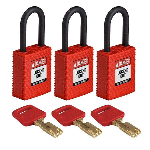 Brady Vorhängeschlösser SafeKey, Kunststoffbügel, lichte Bügelhöhe 38,10 mm, rot, VE: 3 Stück, 311892