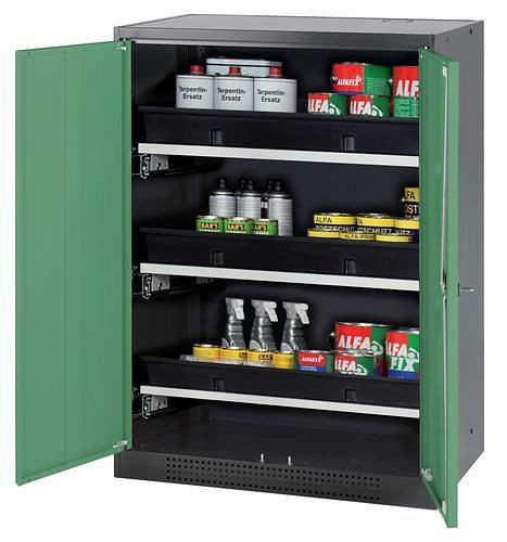 asecos Chemikalienschrank Systema-T CS-83, Korpus anthrazit, Flügeltüren grün, 3 Tablarauszüge, 208858