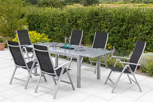 Merxx Carrara Set 7-teilig, 6 Klappsessel, Rückenlehne verstellbar, 1 Semi Ausziehtisch 150 (220) x 90 cm, silber/schwarz, 50313-219