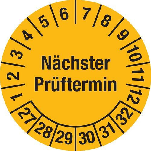 DENIOS Prüfplakette "Nächster Prüftermin", 27 - 32, gelbe Version, Folie, SK, 20 mm, VE: 3 Bogen à 36 Stück, 290054