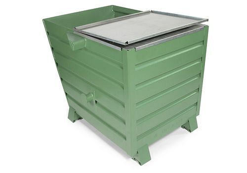 DENIOS Schüttgutbehälter Universal aus Stahl, 650 Liter, mit Deckel, grün, 174-063