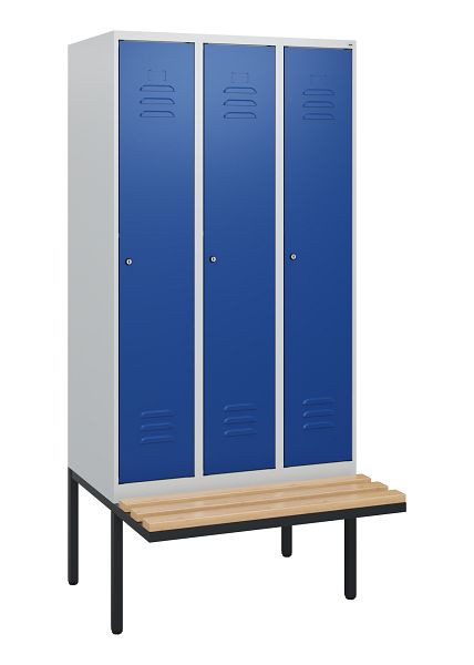 C+P Umkleidespind Classic PLUS, 3 Abteile, 1950x900x815mm, 7035/5010, Zylinderschlösser, Buche-Sitzleisten, 0800405-30 S10018