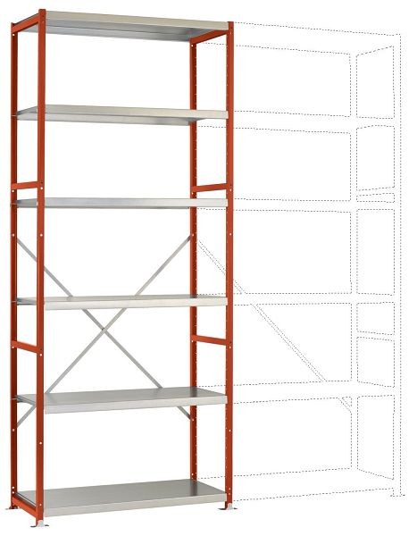 Manuflex Mittelschweres Fachboden-Steck-Grundregal mit 6 Stahlböden, HxBxT = 2500 x 1030 x 400 mm, rotorange, RP1318.2001