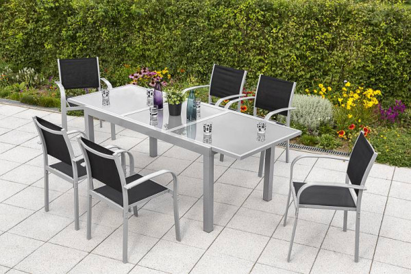 Merxx Ostia Set 7-teilig, 6 Stapelsessel, 1 Ausziehtisch, 160 (220) x 90 cm, silber/schwarz, Aluminiumgestell mit Textilbespannung, 50273-317