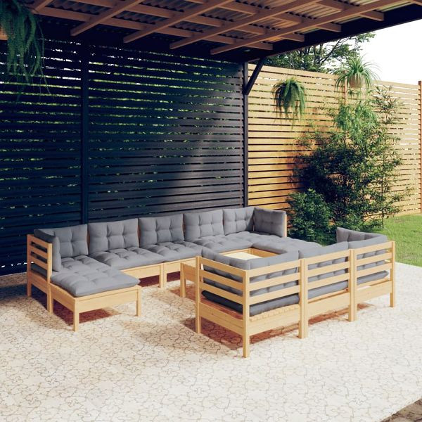 vidaXL 11-teilig Garten-Lounge-Set mit Grauen Kissen Kiefer Massivholz, 3097144