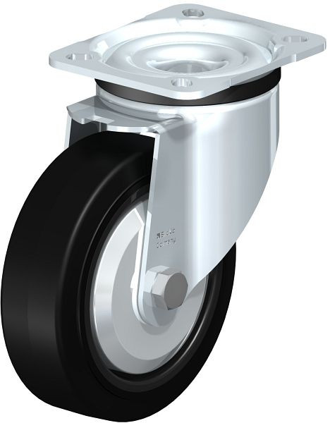 Blickle LK-POEV 125K-1-FA Stahlblech-Lenkrolle, schwere Ausführung, mit Anschraubplatte, Elastik-Vollgummi, Schwarz, 368340