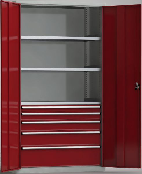 KLW Universalschrank mit abschließbaren Flügeltüren, 2000x1108x656mm, 3 Fachböden, 5 Schubladen (75-250EA), 7FS-PP2000TD-2021XPB