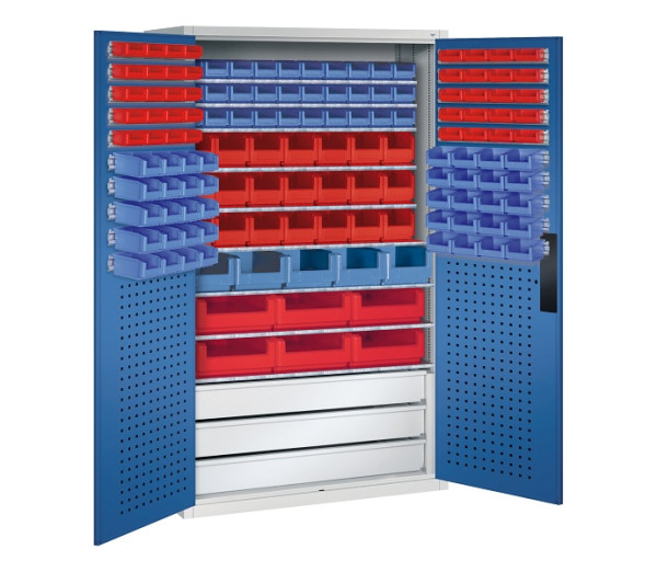C+P Magazinschrank Serie 13, H1950xB1100xT535mm, 7035/5010, 142 Sichtlagerkästen, 130276-64 S10072