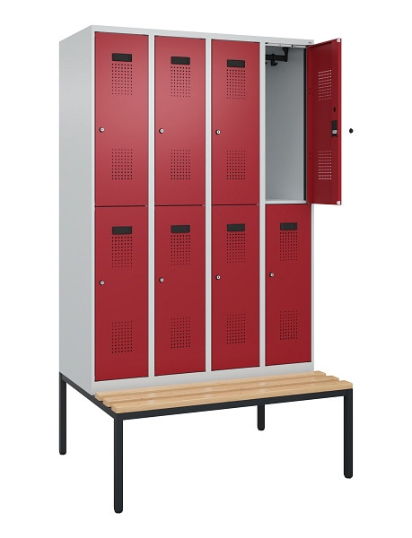 C+P Doppelstock-Spind Evolo PLUS, Bank, 8 Fächer, 2120x1200x815mm, 7035/3003, Zylinderschloss, Sitzfläche Buche-Hartholz, Sitzbank, 0493507-40 S10031