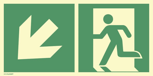 Moedel Notausgang links abwärts, Kombi, ISO 7010, Aluminium, nachleuchtend, 160-mcd, 594x297 mm, 101328