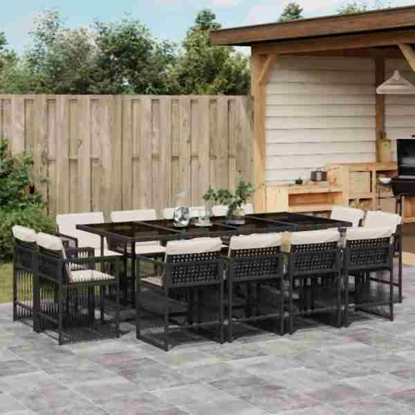 vidaXL 13-tlg. Garten-Essgruppe mit Kissen Schwarz Poly Rattan, UV-beständig, 3211758