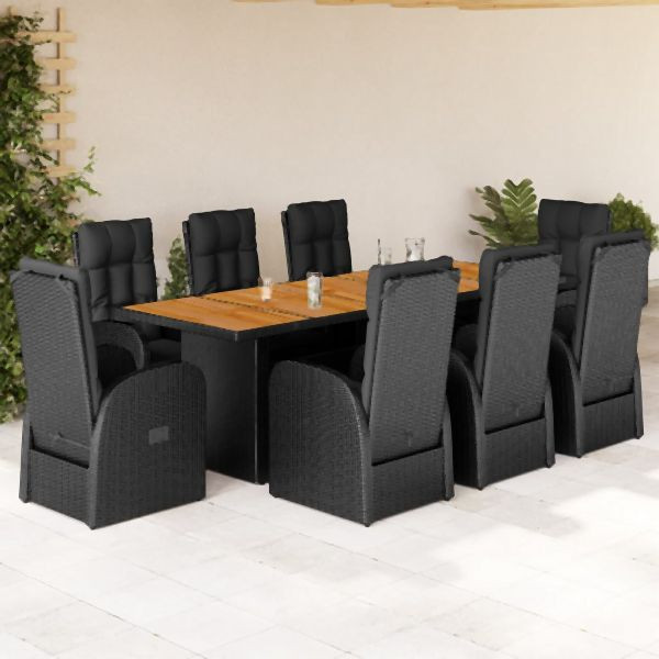 vidaXL 9-tlg. Garten-Essgruppe mit Kissen Schwarz Poly Rattan, 3277635