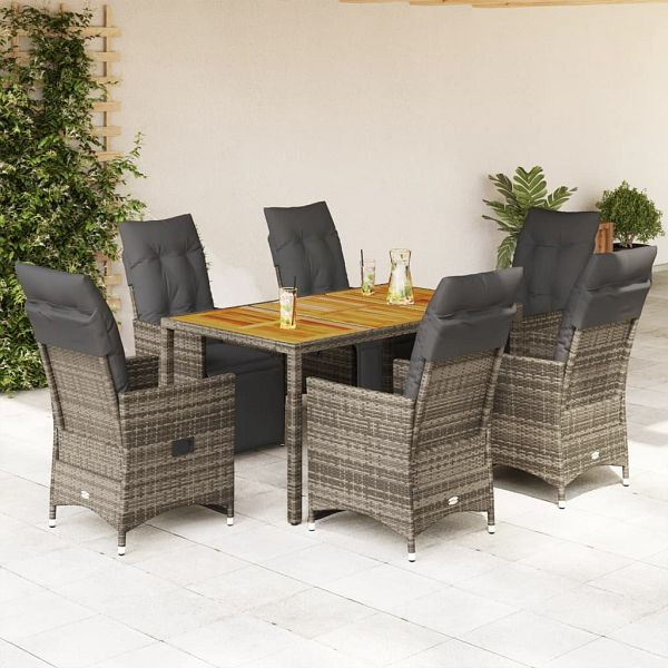 vidaXL 7-tlg. Garten-Bistro-Set mit Kissen Grau Poly Rattan, 3276888