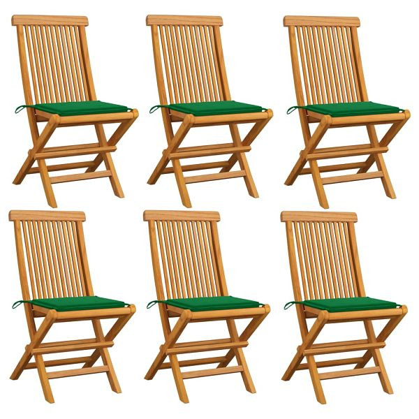vidaXL Gartenstühle mit Grünen Kissen 6 Stück Massivholz Teak, 3065595