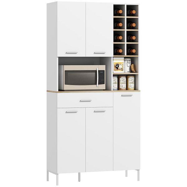 HOMCOM Küchenschrank mit offenen Regalen, Fächern, Weinregal, Vorratsschrank mit 5 Schranktüren, MDF, Weiß, 83A-219V90WT