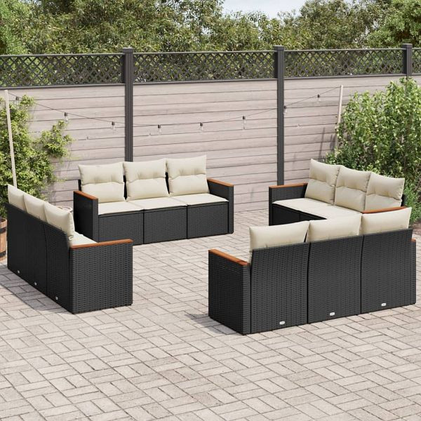 vidaXL 12-teilig Garten-Sofagarnitur mit Kissen Schwarz Poly Rattan, 3225832