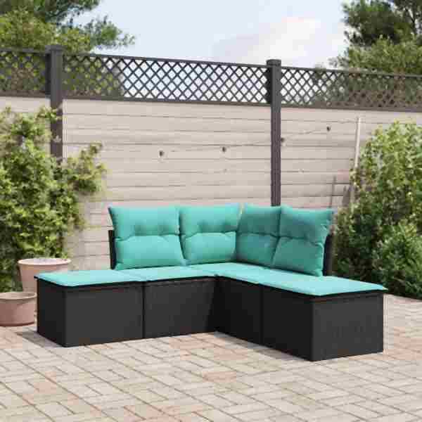 vidaXL 5-tlg. Garten-Sofagarnitur mit Kissen Schwarz Poly Rattan, UV-beständig, 3249555