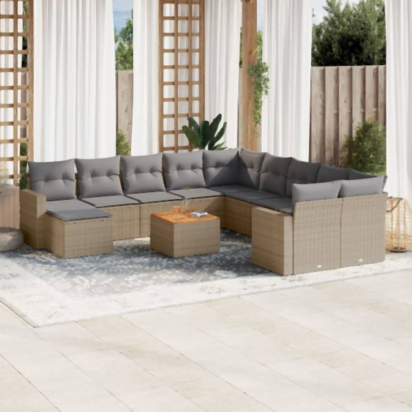 vidaXL 12-tlg. Garten-Sofagarnitur mit Kissen Beige Poly Rattan, 3256752