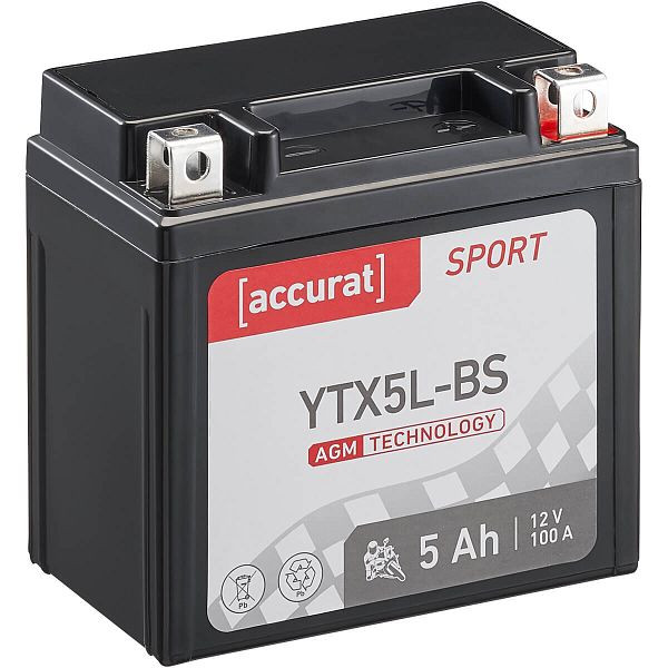 Accurat Sport AGM YTX5L-BS Motorradbatterie 5Ah 12V 100A, MBA-YTX5L