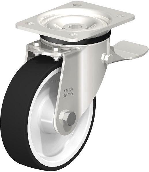 Blickle LKX-POTH 160G-ST Edelstahl-Schwerlast-Lenkrolle mit Anschraubplatte & Feststeller, Thermoplastisches Polyurethan, Grau, 751017