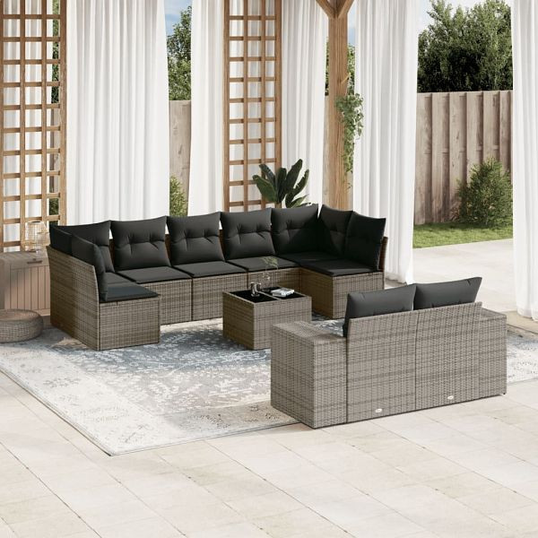 vidaXL 10-teilig Garten-Sofagarnitur mit Kissen Grau Poly Rattan, 3223029