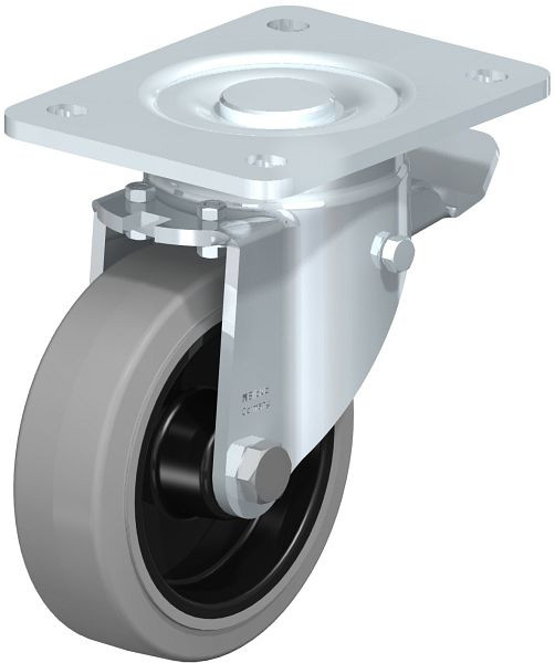 Blickle LH-POEV 125R-3-ST-SG Stahlblech-Lenkrolle, Schwerlast-Ausführung, mit Anschraubplatte & Feststeller, Elastik-Vollgummi, Grau, 327742