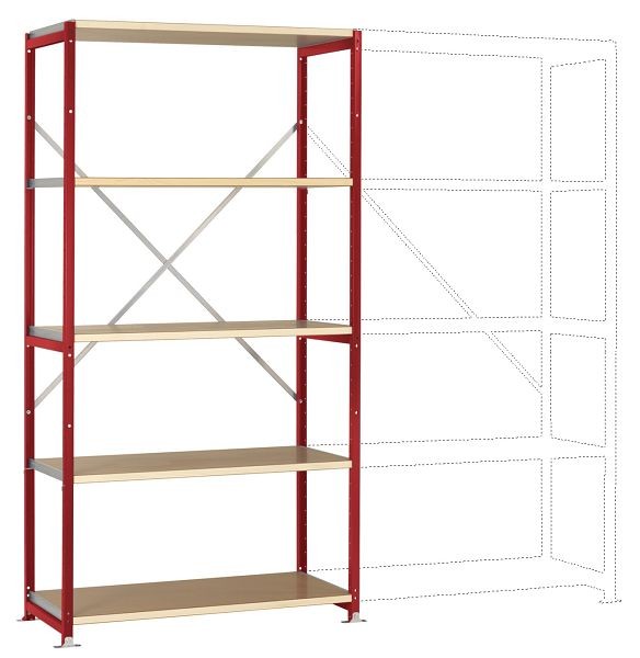 Manuflex Mittelschweres Fachboden-Steckregal Grundregal mit 5 Holzverbundböden, HxBxT = 2000 x 1030 x 400 mm, rubinrot, RP1006.3003
