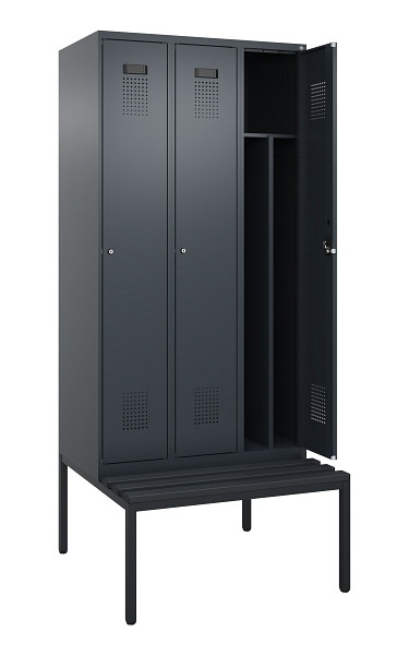 C+P Spind Evolo PLUS, 3 Abteile, 2120x900x815mm, 7016/7016, Haken 4, Zylinderschloss, Sitzfläche Kunststoff, Sitzbank, 0490507-30F S10097