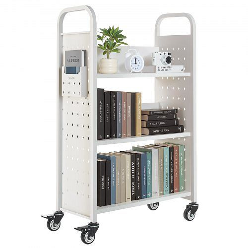VEVOR Bücherwagen, 150 kg, 77x38x122 cm, L-förmig, Doppelbremsrollen, für Wohnzimmer/Büro/Schule, Weiß, LXTSGTCBS330DZLNM001V0