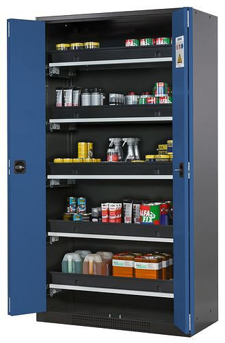 asecos Chemikalienschrank Systema-T CS-105F, Korpus anthrazit, Falttüren blau, 5 Tablarauszüge, 209021