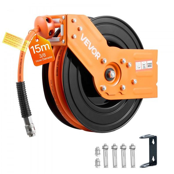 VEVOR Druckluft Schlauchtrommel, 15 m x 3/8 Zoll, 20 bar, Automatische Aufwicklung, 1,52 m Zuleitung, 180° schwenkbare Halterung, KQRGJPOGKFSDE97QQ002V0