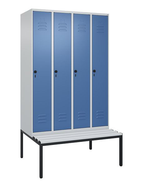 C+P Umkleidespind Classic PLUS mit Mitteltrennwand, Bank, 4 Abteile, 2120x1200x815mm, 7035/5023, Drehriegel, 0800507-40F S10035