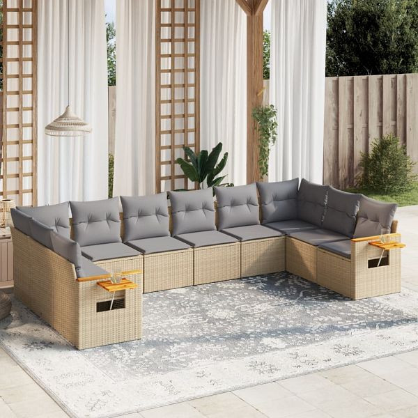 vidaXL 10-teilig Garten-Sofagarnitur mit Kissen Beige Poly Rattan, 3259567
