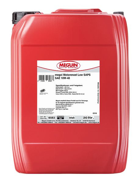Meguin megol Motorenöl Low SAPS SAE 10W-40, Kanister Kunststoff, VE: 20 Liter, 6583