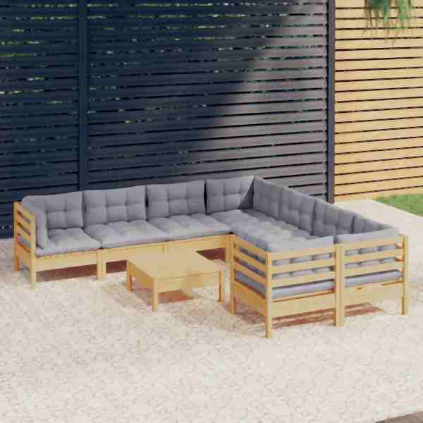 vidaXL 9-tlg. Garten-Lounge-Set mit Grauen Kissen Kiefernholz, 3096976