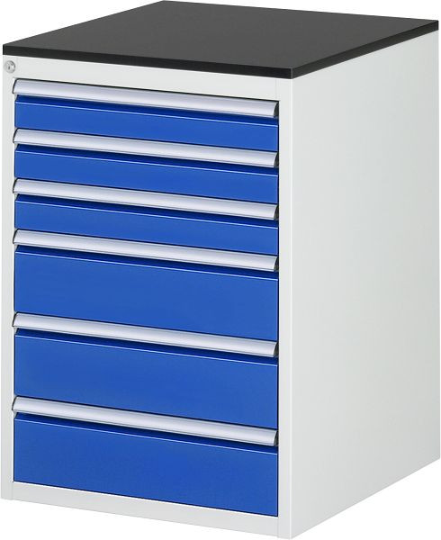 RAU Schubladenschrank Serie 7000, B580 x T650 x H820 mm, 6 x Schublade-Größe-L 3xH90, 3xH150 mm, Arbeitsplatte mit Melaminharzbeschichtung, 03-L5.9A-M.11