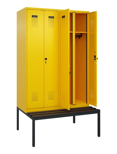 C+P Schwarz-Weiß-Spind Evolo PLUS, Bank, 4 Abteile, 2120x1200x815mm, 1023/1023, Drehriegel, Sitzfläche Kunststoff, Sitzbank, 0490527-40 S10076