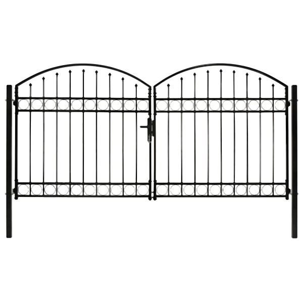 vidaXL Zauntor Doppelflügel Gewölbte Spitze Stahl 300 x 125 cm Schwarz, 143089