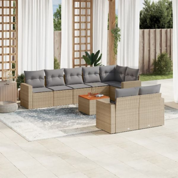 vidaXL 9-tlg. Garten-Sofagarnitur mit Kissen Beige Poly Rattan, 3256542