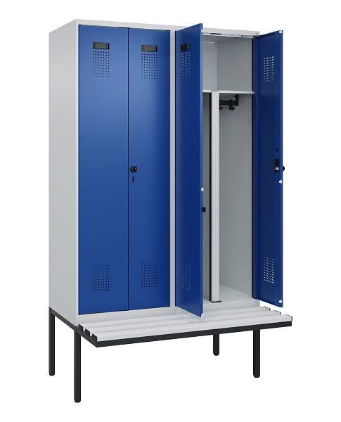 C+P PSA Doppel-Spind Evolo PLUS, Bank, 4 Abteile, 2120x1200x815mm, 7035/5010, Drehriegel, Material Sitzfläche Kunststoff, 0490427-40P S10060