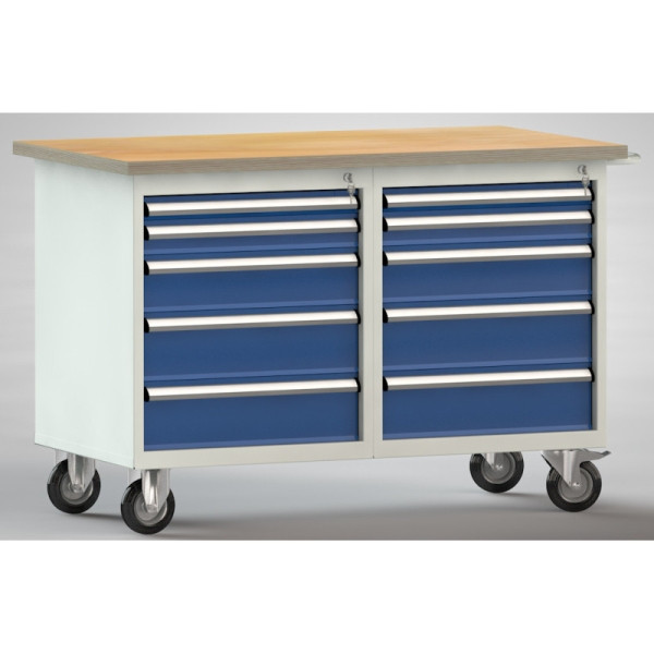 KLW Fahrbahre Profi-Werkbank 1200x700x840 mm, Buchen-Multiplexplatte 30mm (2 x 5 Schubladen), WP834N-1200M30-E7040