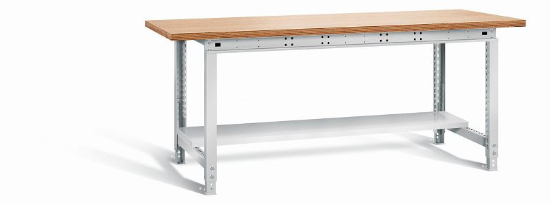 Otto Kind Werktisch allrounder mit, Stahlblechablageboden, Multiplexplatte 25 mm dick, höhenverstellbar von 715-955 mm, komplett RAL 7035, 072320017
