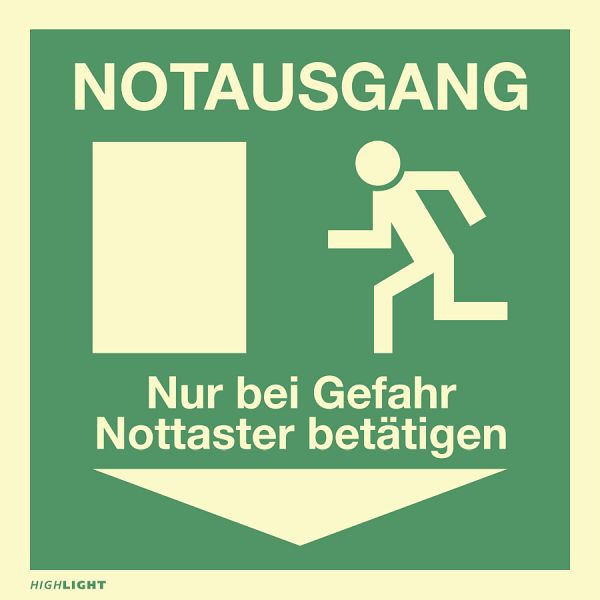 Moedel Notausgang Nur bei Gefahr Nottaster betätigen, Folie, nachleuchtend, 160-mcd, 148x148 mm, 60643