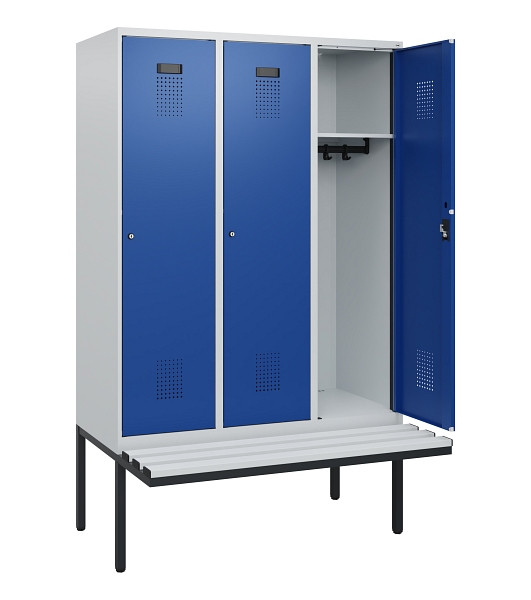 C+P Spind Evolo PLUS, 3 Abteile, 1950x1200x815mm, 7035/5010, Zylinderschloss, Material Sitzfläche Kunststoff, 0490405-32 S10087