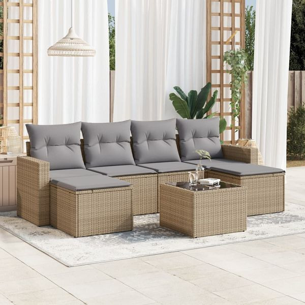 vidaXL 7-tlg. Garten-Sofagarnitur mit Kissen Beige Poly Rattan, 3219319